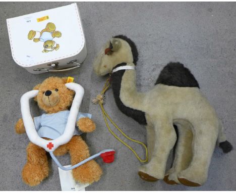 A Merrythought camel and a modern Steiff Teddy bear doctor in a suitcase