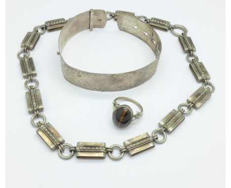 A Victorian collar, a silver and tigers eye ring and a silver bangle