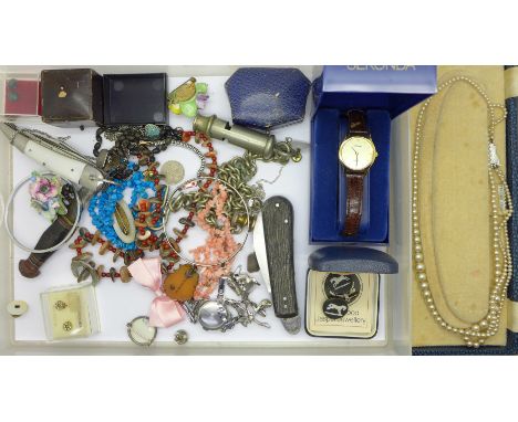 Costume jewellery, watches, three knives, a silver mounted pipe, a lighter, a Babbacombe jug and a plated dish