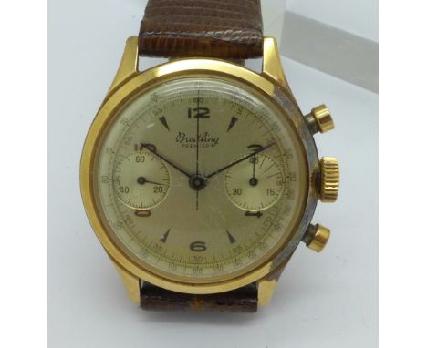 An 18ct gold Breitling manual wind chronograph wristwatch, 35mm case, the case back bears inscription dated 1960