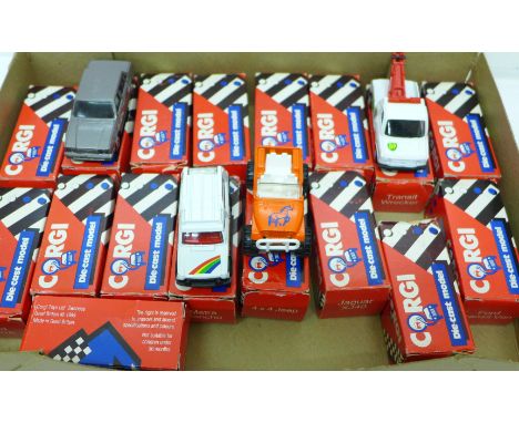 Seventeen Corgi die-cast vehicles including a Ford Transit Van and a Jaguar XJ40, boxed