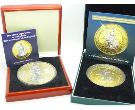 The first super crown size Britannia and St. George and the Dragon diamond jubilee commemorative coin and a super crown Thame