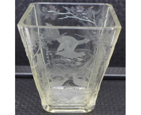 A European etched glass vase decorated with deer and game birds, small chip to rim, 12cm