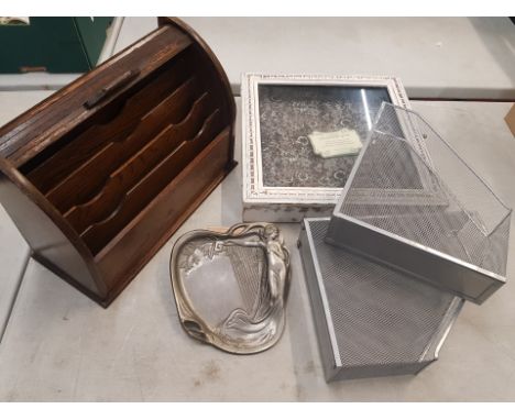 A mixed collection of items to include vintage tambour top magazine rack, keepsake shadow box &amp; two metal file holders et