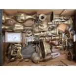A mixed collection of metal ware items to include brass candelstick holders, indian brass vases