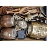A mixed collection of metal ware items to include brass planter, brass trivets, silver plated