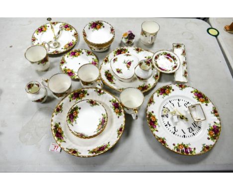 A collection of Royal Albert Old Country Rose patterned items including 2 tier cake stand, wall clock sandwich plate, mugs, b