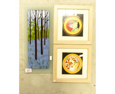 Joe Hearn Modern Wall Plaque together with 2 framed Clarice Cliff theme roundels(3) 