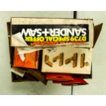 A collection of DIY items to include Black & Decker sander and saw, drill stand, copydex joint