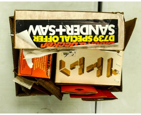 A collection of DIY items to include Black &amp; Decker sander and saw, drill stand, copydex joint master, sanding sheets etc