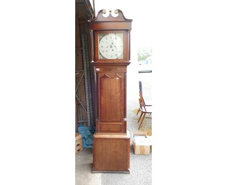 A George III Oak and Mahogany Grandfather Clock with polychrome enamel painted clockface, pendulum present but missing weight