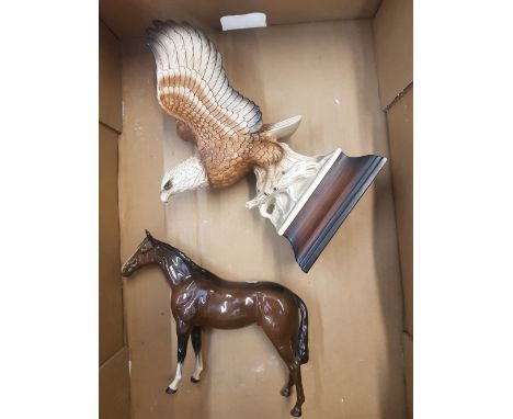 Beswick 701 Bois Roussel Brown Derby winning Racehorse together with unmarked ceramic figure of eagle 