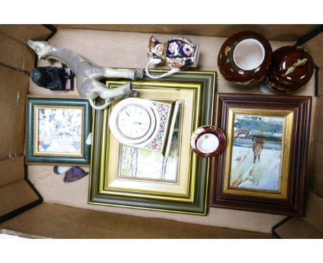 A mixed collection of items to include Wedgwood Clio patterned mantle clock, damaged Bullers animal figure, framed pictures, 