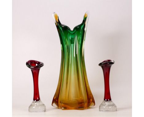 Large Mid Century Art Glass Vase &amp; two smaller Murano type bud vases, tallest 35cm(3) 