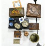 A mixed collection of items to include Inlaid 19th Century Jewellery Casket, tin boxes silver plated