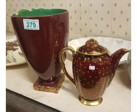 Carltonware Rouge Royale Coffee Pot together with a similar Large Beswick Palm Tree Jug (jug has chip to rim) 