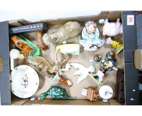A collection of ceramic figures to include Szeiler hippo, Goebel girl figurine , Beswick Stag ( antler A/F), condiment set et