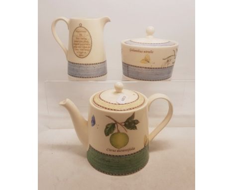 Wedgwood Sarah's Garden pattern 3 piece tea service consisting of a small teapot, lidded sugar bowl and a milk jug (3). 