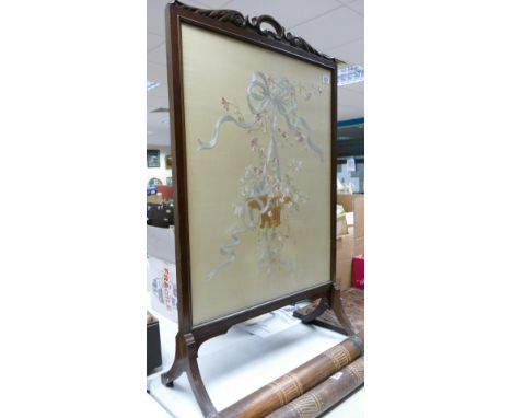 Edwardian Mahogany Hand Embroidered Fire Screen: height 106cm 