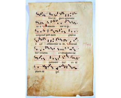  
Antiphona,&nbsp;circa 1400–1440, large impressive sheet of Choral music with finely detailed initial letters in blue and re