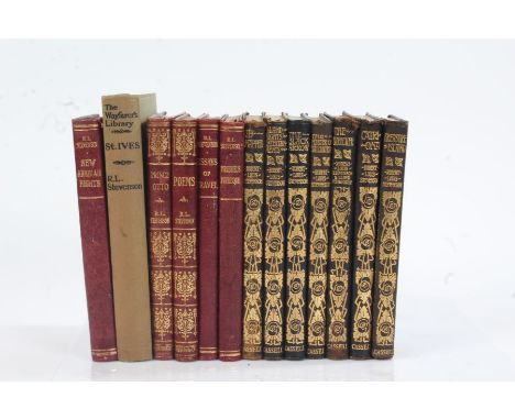 Collection of R L Stevenson books, to include a set of seven in black hard back with gilt writing to include treasure island 