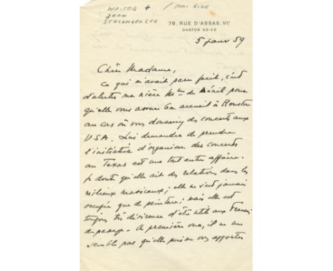 SCHLUMBERGER JEAN: (1877-1968) French Writer. A.L.S., Jean Schlumberger, two pages, 8vo, Paris, 5th January 1959, on his pers