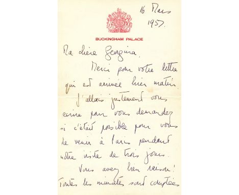 ELIZABETH II: (1926- ) Queen of the United Kingdom since 1952. A.L.S., `Elizabeth R´, two pages, 8vo, London, 16th March 1957