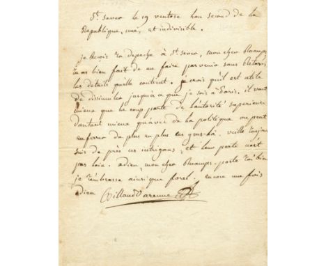 BILLAUD-VARENNE JACQUES NICOLAS: (1756-1819) French Revolutionary, often considered a key architect of the period known as Th