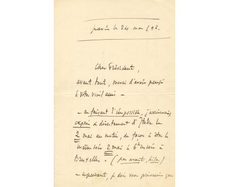 MASSENET JULES: (1842-1912) French Composer. A.L.S., Massenet, underlined in his hand as a musical quote, three pages, 8vo, P