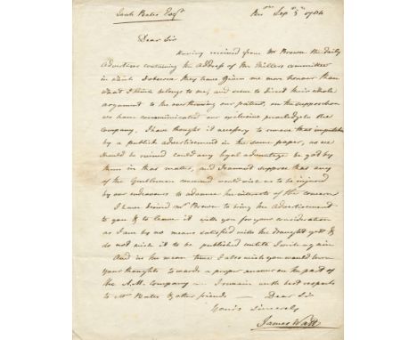 WATT JAMES: (1736-1819) Scottish Inventor & Mechanical Engineer. An exceptional A.L.S., `James Watt´, one page, 4to, Birmingh