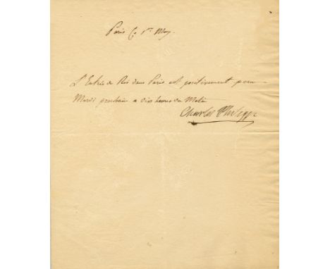 CHARLES X: (1757-1836) King of France 1824-30. Brief A.L.S., Charles Philippe, one page, 4to, Paris, 1st May n.y. (1814), to 