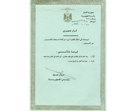 HUSSEIN SADDAM: (1937-2006) President of Iraq 1979-2003. D.S., Saddam Hussein, in Arabic, one page, green paper, folio, n.p.,