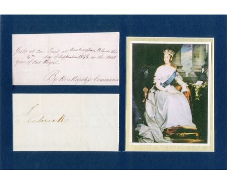 VICTORIA: (1819-1901) Queen of the United Kingdom Great Britain &amp; Ireland 1837-1901. A fine and large ink signature ('Vic