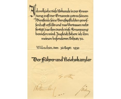 HITLER ADOLF: (1889-1945) Fuhrer of the Third Reich 1934-45. An excellent D.S., Adolf Hitler, one page, 4to, Munich, 30th Sep