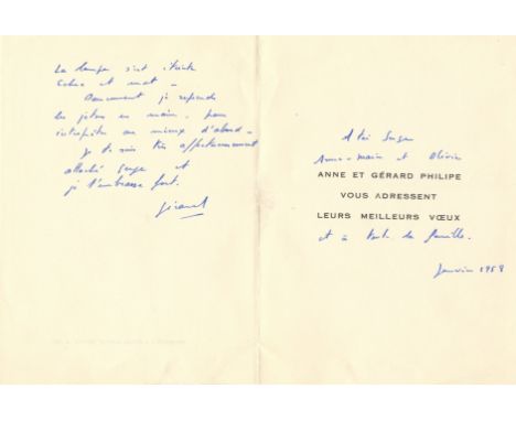 PHILIPE GÉRARD: (1922-1959) French Actor. A good A.L.S., Gerard, two pages, 8vo, n.p., January 1958, to Serge and family, in 