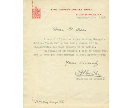 GEORGE VI: (1895-1952) King of the United Kingdom 1936-52. T.L.S., Albert, as Duke of York, with holograph salutation and sub