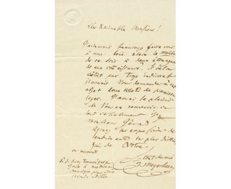 MEYERBEER GIACOMO: (1791-1864) German Composer. A.L.S., `G. Meyerbeer´, one page, 8vo, n.p., n.d., to Gerard, in French. Meye