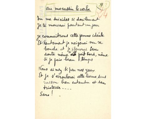 DESNOS ROBERT: (1900-1945) French Poet. A key figure of the Surrealism. A rare and extremely interesting Autograph Poem Signe