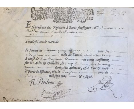 BOILEAU-DESPREAUX NICOLAS: (1636-1711) French Poet. A main figure of the 17th century French poetry. Extremely rare D.S., N. 