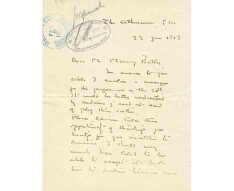 BARRIE JAMES: (1860-1937) Scottish Novelist, created Peter Pan. A good A.L.S., J M Barrie, two pages, 8vo, 23rd January 1919,