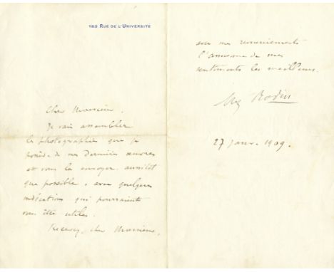 RODIN AUGUSTE: (1840-1917) French Sculptor. A.L.S., Aug Rodin, two pages, written to the first and fourth page, 8vo, Paris, 2