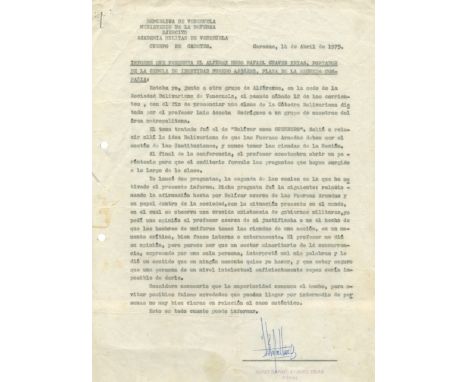CHAVEZ HUGO: (1954-2013) President of Venezuela 1999-2013. T.L.S., H.Rafael Chavez, one page, 4to, Caracas, 14th April 1975, 