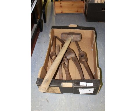 Box of tools, pick heads, sledge hammer etc
