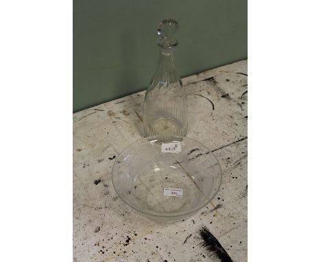 Irish glass decanter & etched glass bowl
