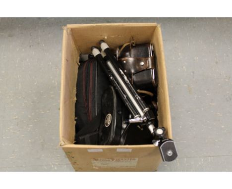 Box of camera equipment, binoculars, etc.