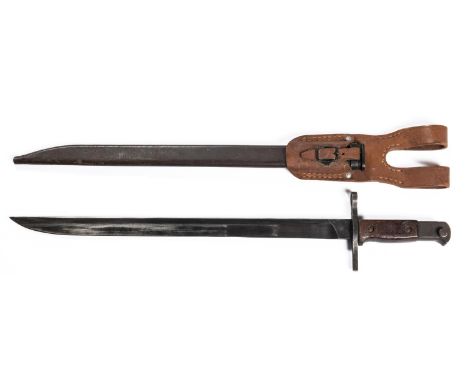 A WWII Japanese Arisaka Model 99 (1939) bayonet, unfullered blade 15½" with arsenal marks, in its steel scabbard with leather