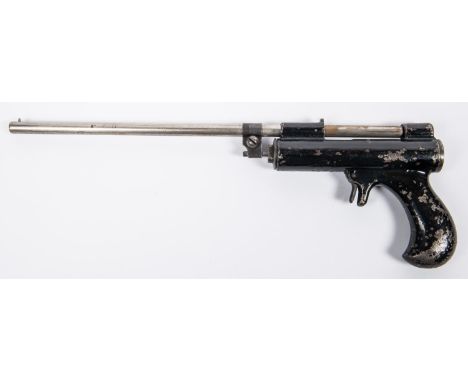 A .210" Pope air pistol, c 1880, slender nickel plated barrel 11" which is pulled forwards for cocking and loading, black ena