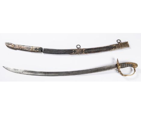 An 1803 pattern infantry officer’s sword, SE curved blade 29”, small section at top engraved, gilt hilt with GR on knuckle gu