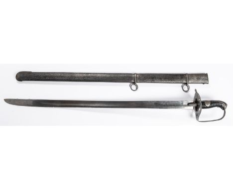 A 1796 pattern heavy cavalry trooper's sword, blade 34" marked "Gill" on back, steel hilt with leather covered grip. In its s