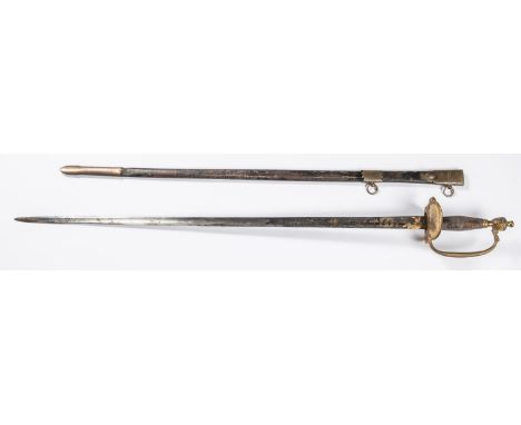 A 1796 pattern infantry officer’s sword, blade 32”, originally blued and gilt but now very pitted and worn, gilt hilt, in its